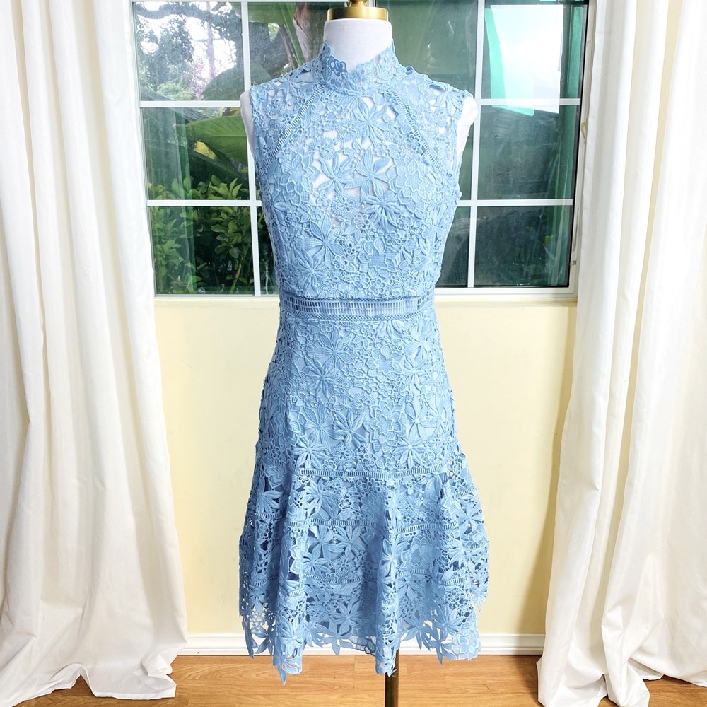 Bardot Light Blue Floral Lace High-Neck Midi Dress